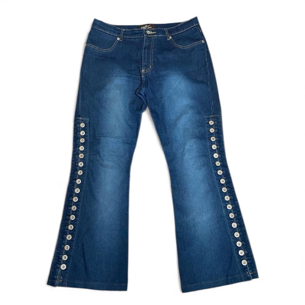 Laser Jeans Y2K Women’s Size 13 Jr. Blue Denim Jeans Bootcut Flare Side Buttons